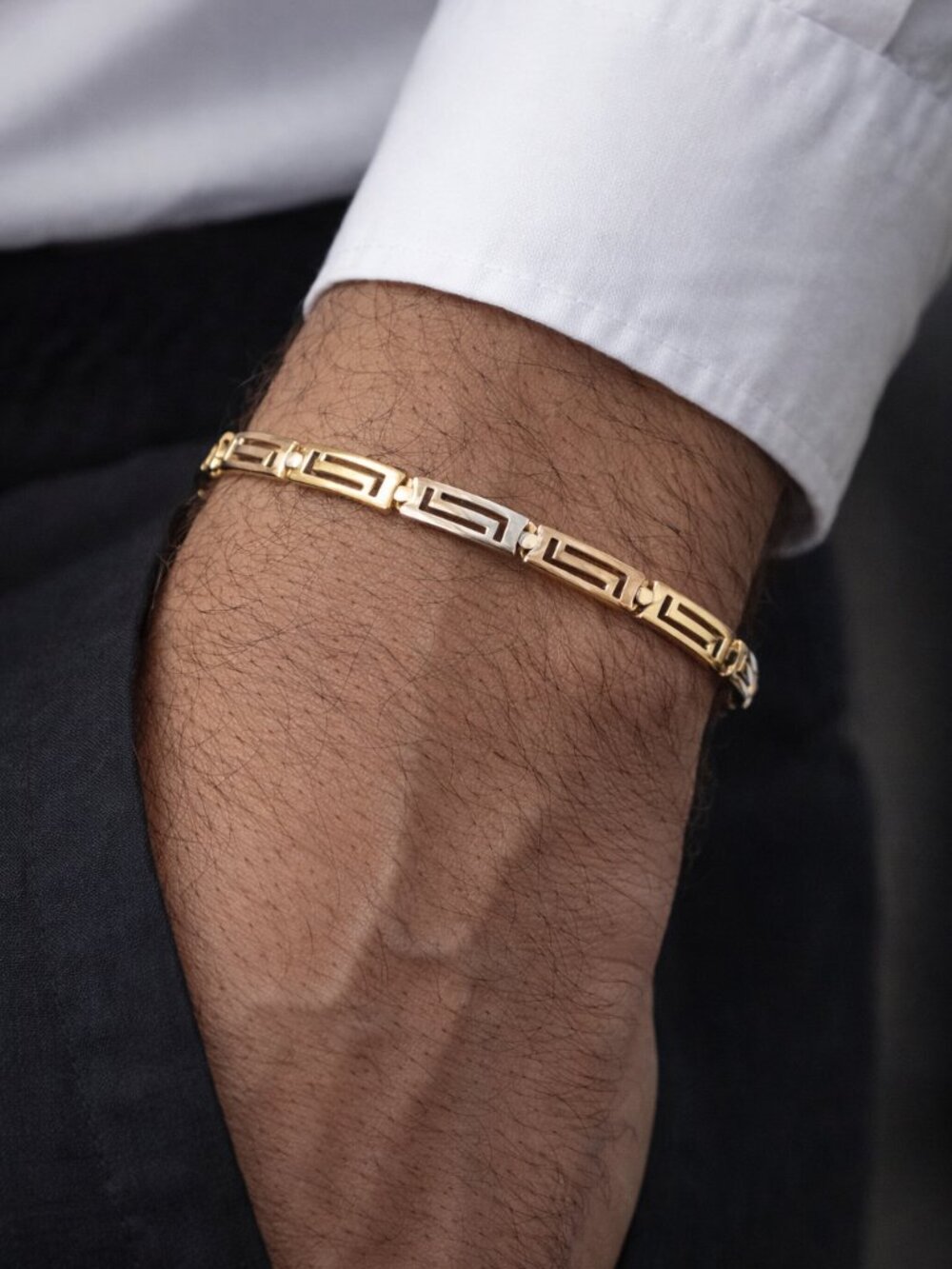 Men’s Tri Color Silver Bracelet 7”, Lightweight Gold Tone Link Bracelet